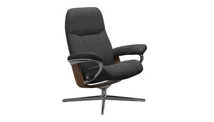 Stressless Consul Cross Recliner in Peony Charcoal Fabric with Polished Base